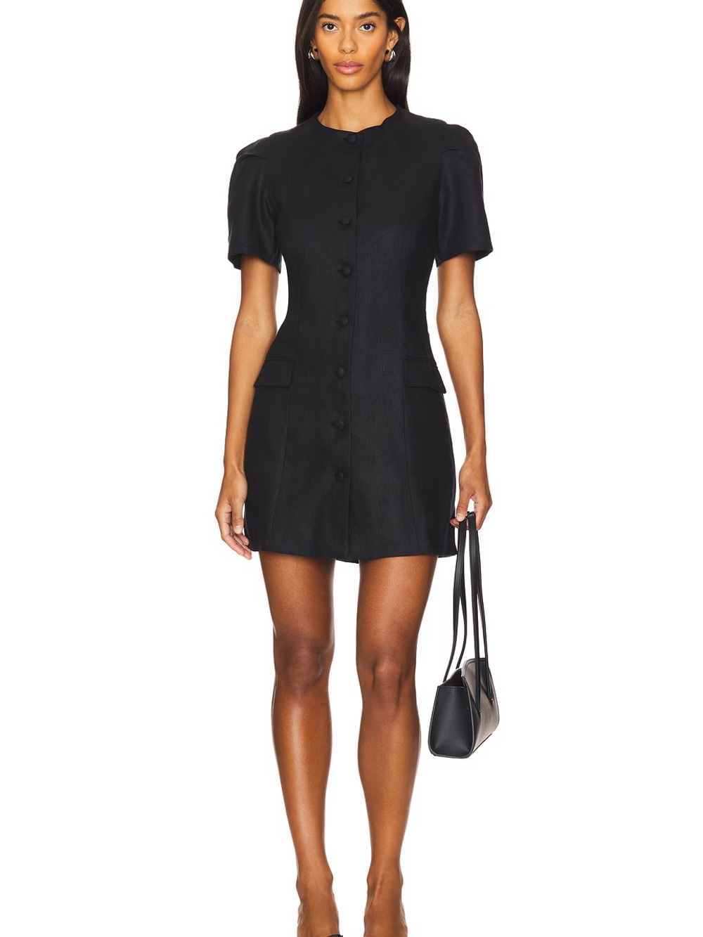 Faithfull the Brand Black Puff-Sleeve Button-Front Mini Dress